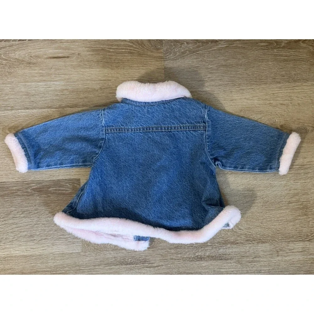 Y2K Denim Faux Pink Fur Floral Embroidered Baby Girls Jacket Size 6-9 Months
